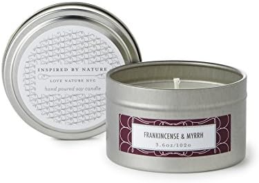LOVE NATURE NYC Natural Soy Candle, Frankincense and Myrrh Scented, Travel Tin, Clean Burning Non-Toxic, Fragrance Notes of Frankincense, Myrrh, Musk and Amber, Men and Women, 25 Hours 3.6oz Fill, by