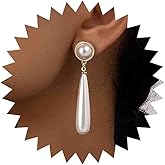 Aneneiceera Boho Pearl Teardrop Earrings Gold Elongated Pearl Stud Earring White Pearl Earring Long Bead Dangle Earrings Jewelry for women