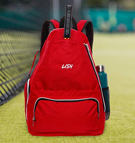 LISH Game Point Tennis Backpack w/ Shoe Compartment - Racket Holder Equipment Bag for Tennis, Racquetball, Squash (Red)