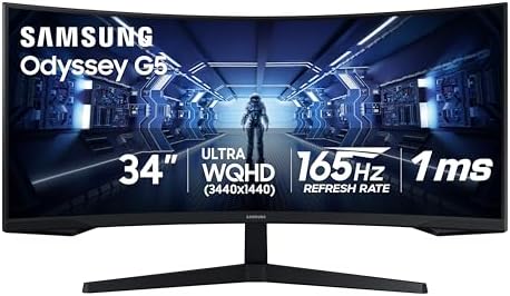 SAMSUNG 34' Odyssey G5 Ultra-Wide Gaming Monitor with 1000R Curved Screen, 165Hz, 1ms, FreeSync Premium, Large Display, Eye Comfort, Multiple Ports, WQHD, LC34G55TWWNXZA, Black