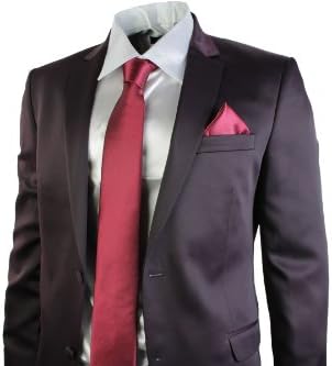 Carlo Bellini Mens Shiny Slim Fit 2 Button Suit Tie & Hankie Wedding Party Wine Maroon Burgandy