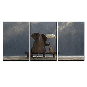 Elephant And Dog Sitting In The Rain - 3 Panel Canvas Art