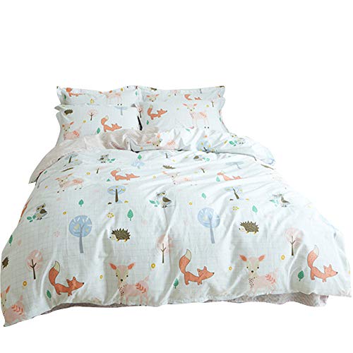 BuLuTu Animal Duvet Cover Twin White 100% Cotton,3 Pieces Woodland Kids Bedding Sets Twin for Boys Girls,Hedgehog Fox Deer Owl Print Twin Duvet Cover and 2 Pillowcases,No Comforter