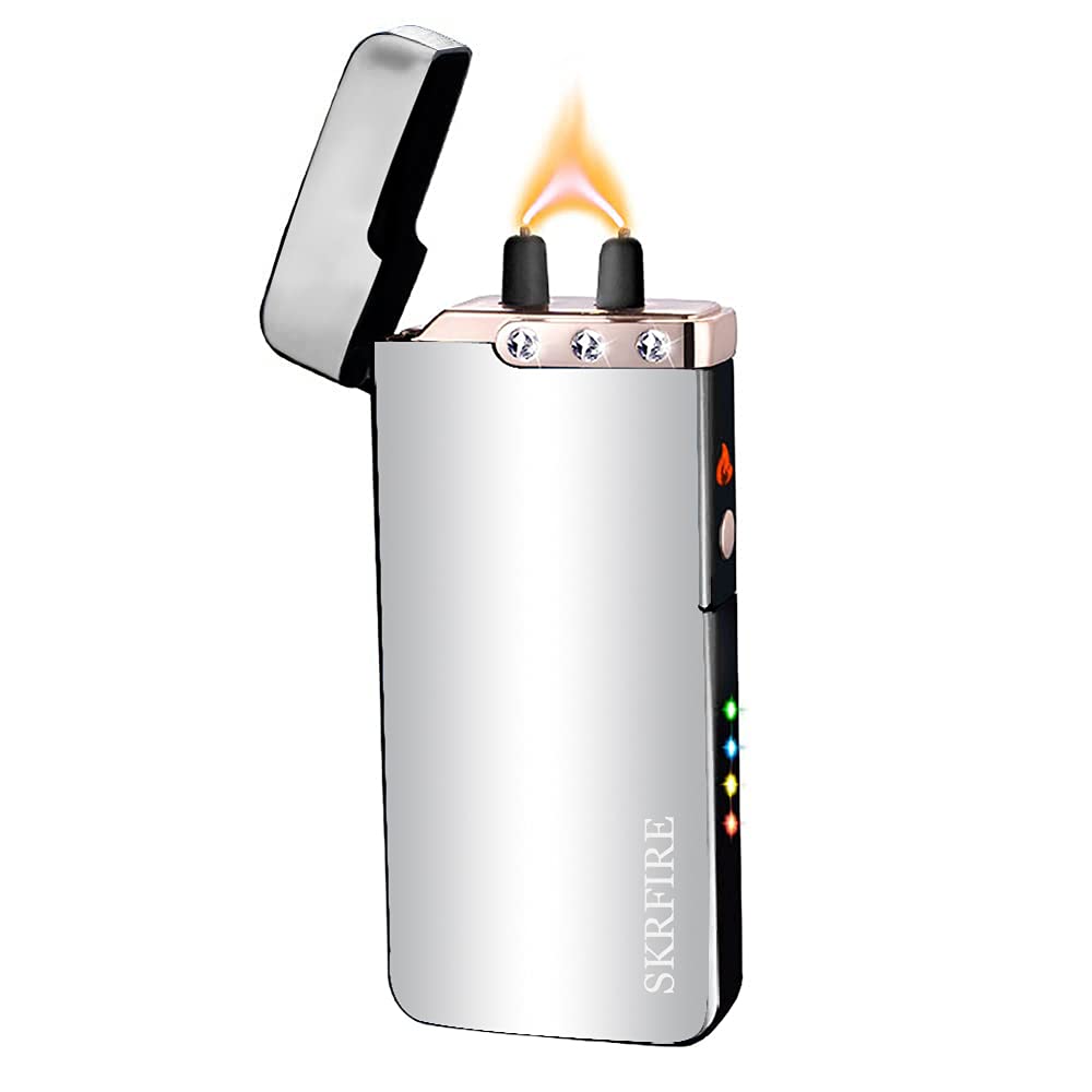 SKRFIRE Plasma Electric Lighter Windproof USB-C Rechargeable Arc Lighter with Power Display & Gift Box, High Capacity Battery for Home, Kitchen, Camping, Outdoors (Silver)