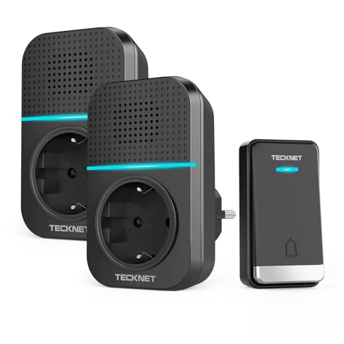 TECKNET 400M Wireless Doorbell Waterproof IP65 Kit of 1 Chime and 2 Plug-in Receiver with Charging Function and LED Light, 60 Melodies 5 Level Volumes, for Home, Office - Black
