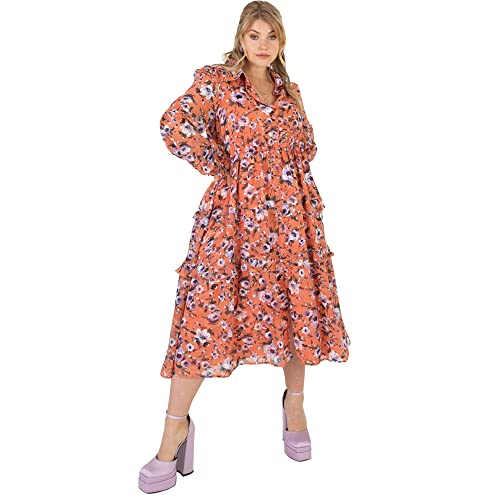 Lovedrobe Womens Midi Dress Plus Size Women Flower Pattern with Collar Long Sleeve Ruffle V Neckline Slit for Summer Office Vestido, Orange, 48 para Mujer