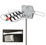 Able Signal 150 Miles Amplified HD Digital Outdoor HDTV Antenna with Motorized 360 Degree Rotation, UHF/VHF/FM Radio with Infrared Remote Control with Cable Management Kit
