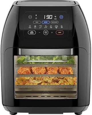 Multifunktionale Digitale Heißluftfritteuse + Rotisserie, Dörrautomat, Konvektion, 17 Touchscreen-Voreinstellungen, XL 10L Familiengröße, Automatische Abschaltung, Großes Sichtfenster, Schwarz