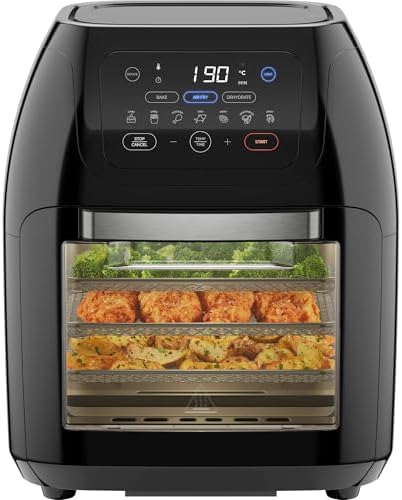 Multifunktionale Digitale Heißluftfritteuse + Rotisserie, Dörrautomat, Konvektion, 17 Touchscreen-Voreinstellungen, XL 10L Familiengröße, Automatische Abschaltung, Großes Sichtfenster, Schwarz