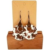 Acrylic Earrings - Cow Print Dangle Earrings with a Faux Leather Tab