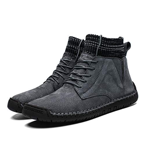Respctful✿ Men Classic Slip On Driving Ankle Boots Knit Fur Lining Winter Lace-up Boots Handmade Casual Chukka Shoes Gray