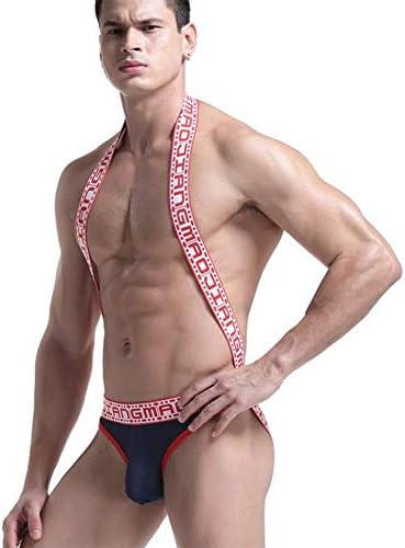 Men's Hanging Neck Wrestling Singlet Jockstrap Bodysuit Soft Thin Freestyle Underwear,Navy,S