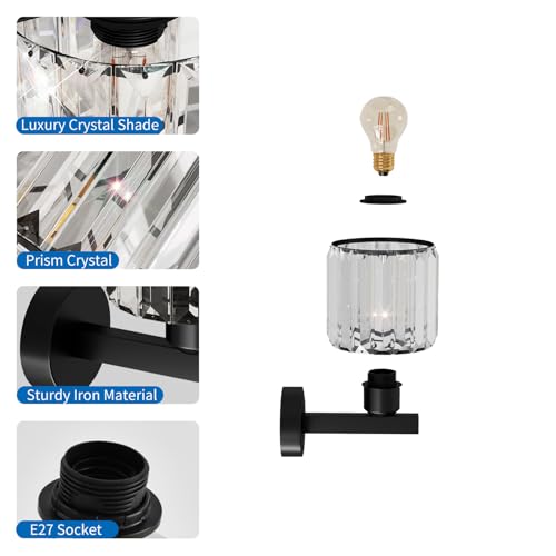 ANWIO Interior Glass Wall Sconce, Black Bedroom Wall Lamp, E27 Wall Lamp, Modern Hallway Sconces for Bedroom, Bedside, Living Room, Staircase (2U, No Bulbs)