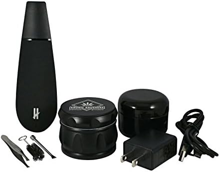 KVP Herb Grinder Gift Set | Black E-Vaporizer Hookah Sprayer w/ Cleaning Tools 5 Temp Setting | USB Charger | 2.5 Inch 4-piece Anodized Aluminum | Pollen Catcher Scraper | 1oz Airtight Stash Jar