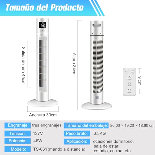 AXIDUN Ventilador de Torre 84 cm/33", Ventilador de Torre Silencioso de 3 Velocidades con Control Remoto, 12h Timer, Ventilador sin Aspas, Oscilación de 120° Ventilador de Pie Vertical.