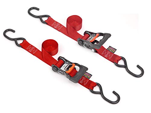 PowerTye 1.5in x 7ft Ergonomic Locking Ratchet Straps with Heavy-Duty S-Hooks - Made in USA - 1,000 lb. Working Load Limit / 3,000 lb. Breaking Strength - Red (Pair)
