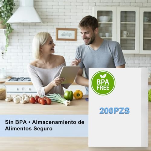 200PZS Bolsas para Sellar al Vacío 20*30cm, Bolsas de Vacio para Alimentos sin BPA, Bolsa Gofrada Envasar Resistente, Bolsa Lisa Empaque al Vacío para Congelar Conservación Cocción Verdura Fruta Carne