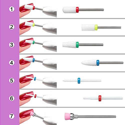 Ceramic Nail Drill Bits Professional Nails File Bit Set 7pcs 3/32 inch for Acrylic Gel Nails Cuticle Manicure Pedicure