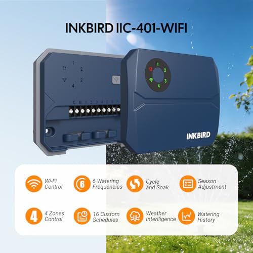 Inkbird IIC-401 4-Zone WiFi Irrigation Control Unit, Automatic WiFi Irrigation Programmer for Garden, 16 Programs, Integrated Non-Volatile Memory, Support Manual Mode and Rain Sensor
