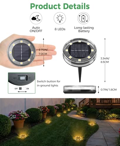 LOTMOS Pack of 12 Solar Ground Light, 8 LED Solar Outdoor Garden Light, IP68 Waterproof, Outdoor Solar Spotlight for Paths, Lawns, Patios, Driveways, Yards, Swimming Pools, Walkways, Warm White