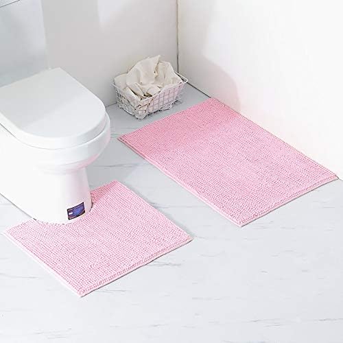 QSEVEN Pedestal and Bath Mat Set 2 Pieces Non Slip Bathroom Rug Set Shaggy, Bath Toilet Fashions Elegant Northern Europe Style (50x80cm+50x50cm, Pink)