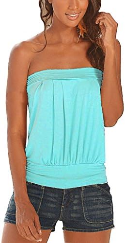 Kriscate?Womens Sleeveless T Shirt Pleated Tube Top Blouse Light Blue M