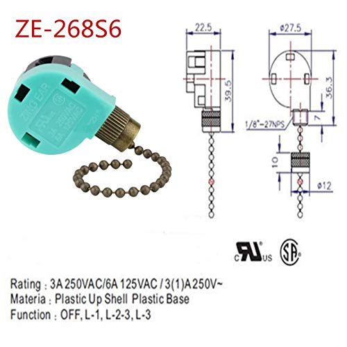 Ceiling Fan Switch ZE-268S6 Zing Ear 3 Speed 4 Wire Pull Chain Control