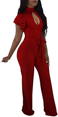 Kafiloe Womens Ruffle Short Sleeve Belted Flare Bottom Palazzo Pants Romper Bodycon One Piece Jumpsuit Outfit Party Clubwear