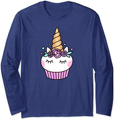 Unisex Funny Cute Unicorn Cupcake Golden Horn Long Sleeve T-Shirt XL: Navy