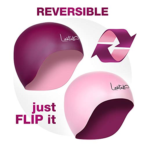 Swim Cap Reversible 3D - Swimming Cap Women Men - Silicone Swim Cap Waterproof- Best for Short and Medium Long Hair - Adult Swim Cap - Youth Swim Cap - Swim Hats (Windsor Wine & Rose Quartz)