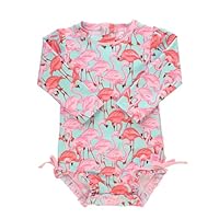RuffleButts Baby Girls UPF 50+ Sun Protection Floral Printed Long Sleeve One Piece Rash Guard Swimsuit with Zipper