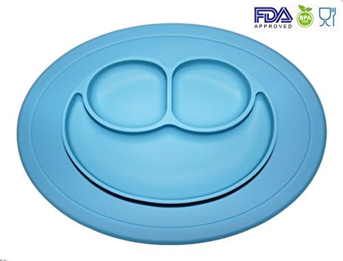 Silicone Baby Placemat Smiley Face Round Non Slip With Built in Plate Bowl Tray Best for Children Kids Toddlers (Light Blue)