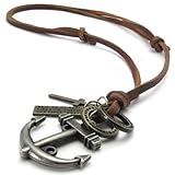 KONOV Jewelry Vintage Style Anchor Cross Pendant Adjustable Brown Leather Cord Mens Necklace Chain
