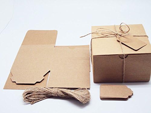 JEMPAK UK Pack of 10 Brown Kraft Gift/Favour Boxes with hinged lid (15cm x 15cm x 10cm) String & Tags Included.