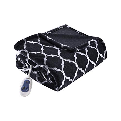 Photo 1 of Beautyrest Ogee Printed Plush Electric Blanket for Cold Weather, Fast Heating, Auto Shut Off, Virtually Zero EMF, Multi Heat Setting, UL Certified, Machine Washable, Black Oversized Throw 60x70"
