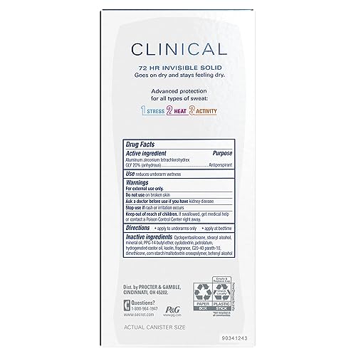SECRET CLINICAL STRENGTH ANTIPERSPIRANT DEODORANT FOR WOMEN, STRESS RESPONSE, 3X STRESS PROTECTION, 72HR SWEAT & ODOR PROTECTION, PH BALANCING MINERALS, INVISIBLE SOLID, 2.6 OZ
