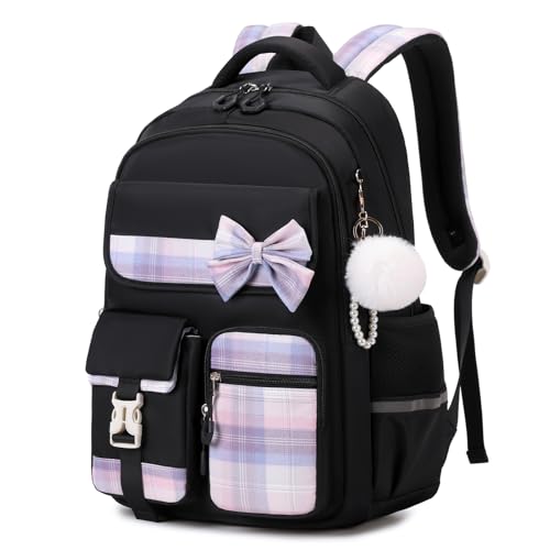 Tanou Girls Primary School Bag, Waterproof Daypack School Backpack for Teens, Kawaii Checked School Bag for Girls 9-16 Years Old for Travel