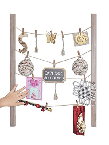 Reimagine Hanging Photo Display- Wood Wall Picture Frame Collage Board for Hanging Prints, Instax, Polaroid, Holiday Cards, Artwork- Display 2 Ways- Adjustable String, 40 Clothespin Clips- Rustic Grey