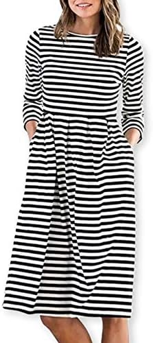 Women Casual Cotton Mid Pleat Dress 3/4 Sleeve O-Neck Stripes Dresses with Pocket