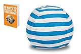 Stuffed Animal Storage Bean Bag Chair - Premium Cotton Canvas - Great for Decluttering the Room - Sit and Stuff Storage Bean Bag, Stuffed Toys, Clothes, Sheets, Towels | FREE E-BOOK (Blue and White)