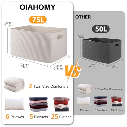 OIAHOMY 75L Large Blanket Basket, Woven Storage Basket with Handle, Cotton Rope Basket 22”x17”x12”,Blanket Basket Living Room, Toy Basket for Nursery, White