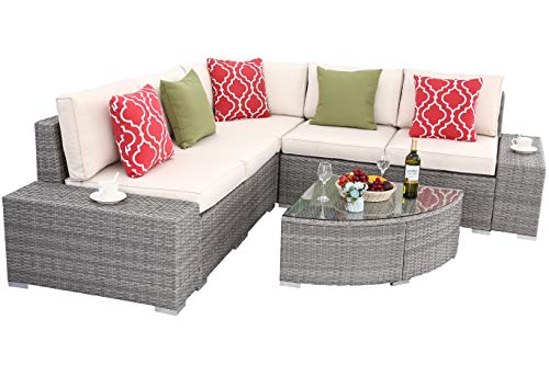Do4U 6 PCs Outdoor Patio PE Rattan Wicker Sofa Sectional Furniture Set Conversation Set- Thick Seat Cushions & Glass Coffee Table| Patio, Backyard, Pool| Steel Frame (Beige)
