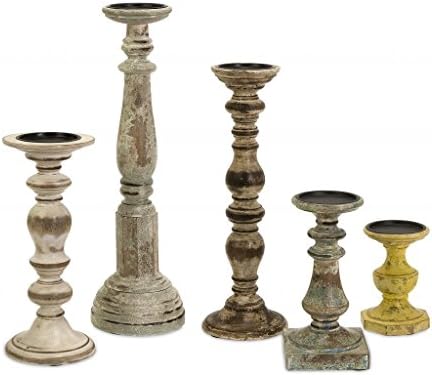 Decoratively Elegant Kanan Wood Candleholders In Distressed Finishes - Set of 5 Home Candleholders Décor
