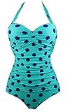 COCOSHIP 50s Retro Navy Blue Aqua Polka Dot One Piece Pin Up Monokinis Swimsuit(FBA)