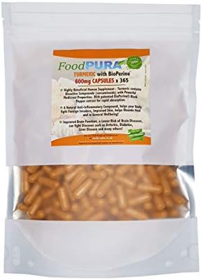 FoodPURA Turmeric Curcumin PLUS Organic Black Pepper 600mg Capsules x 365 Easy to Swallow Non GMO Vegan Capsules