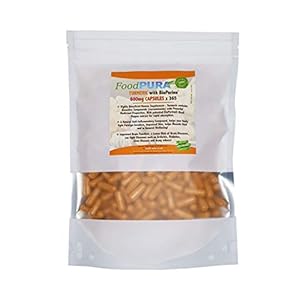 Food PURA Turmeric Curcumin & BioPerine Supplement HIGH Strength 365 x Capsules 600mg 365 Days Suitable for Vegetarians & Vegans Manufactured in The UK by FoodPURA