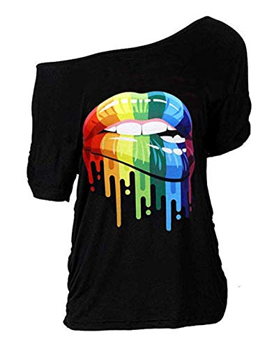 MAGICMK Women Casual Plus Size Sexy Lips Print Off Shoulder T-Shirt Tops (2XL, Black+XXMOUTH)