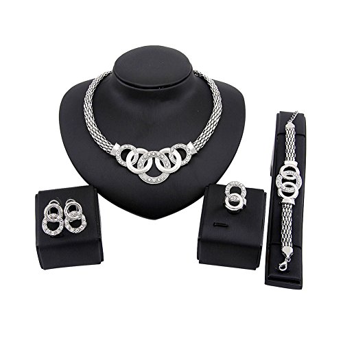 Spiritlele 4 PCS Crystal Jewelry Set Silver Chain Necklace Bracelet Ring Earrings Pack For Women (silver circle)