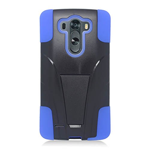 G3 Vigor, G3 Mini, G3 Beat - Trapezoid Y-Stand Hybrid Hard Soft Gel Cover Wydan Case for LG G3 Vigor, G3 Mini, G3 Beat - Black on Blue w/Stylus Pen, Prying Tool