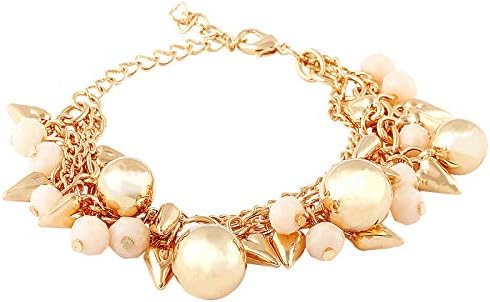 Buy n Style Designer Free Size Gold and White Charm Metal Bracelets of Floral Leafs and Metal Balls Tassel for Women and Girls